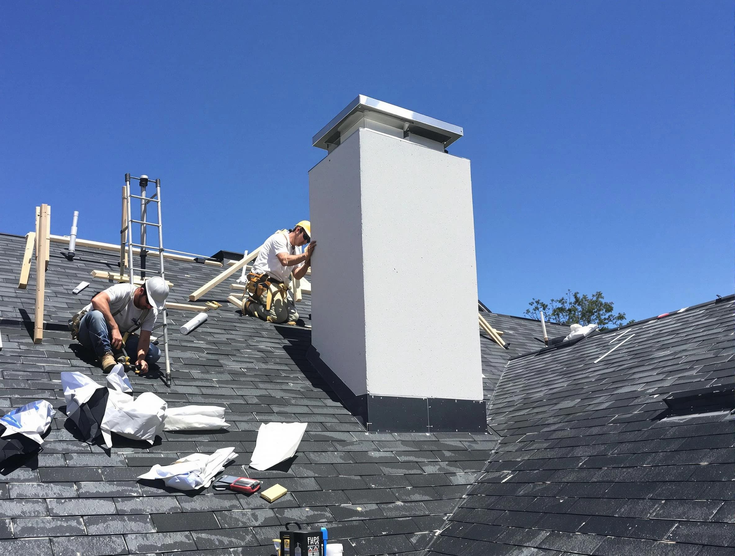 Woburn Chimney Sweep crew installing a new chimney in Woburn, MA