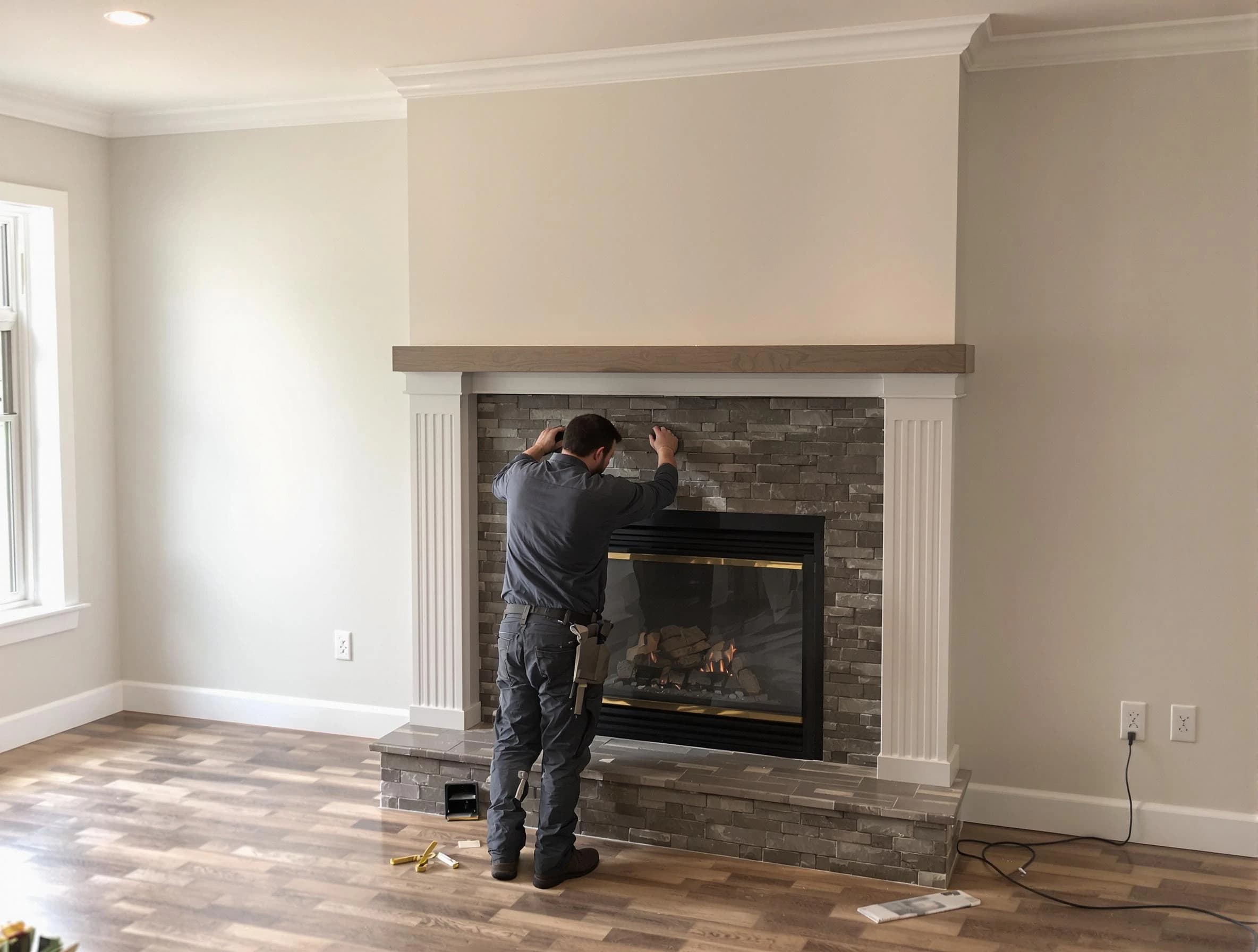 Woburn Chimney Sweep finishing a custom fireplace install in Woburn, MA