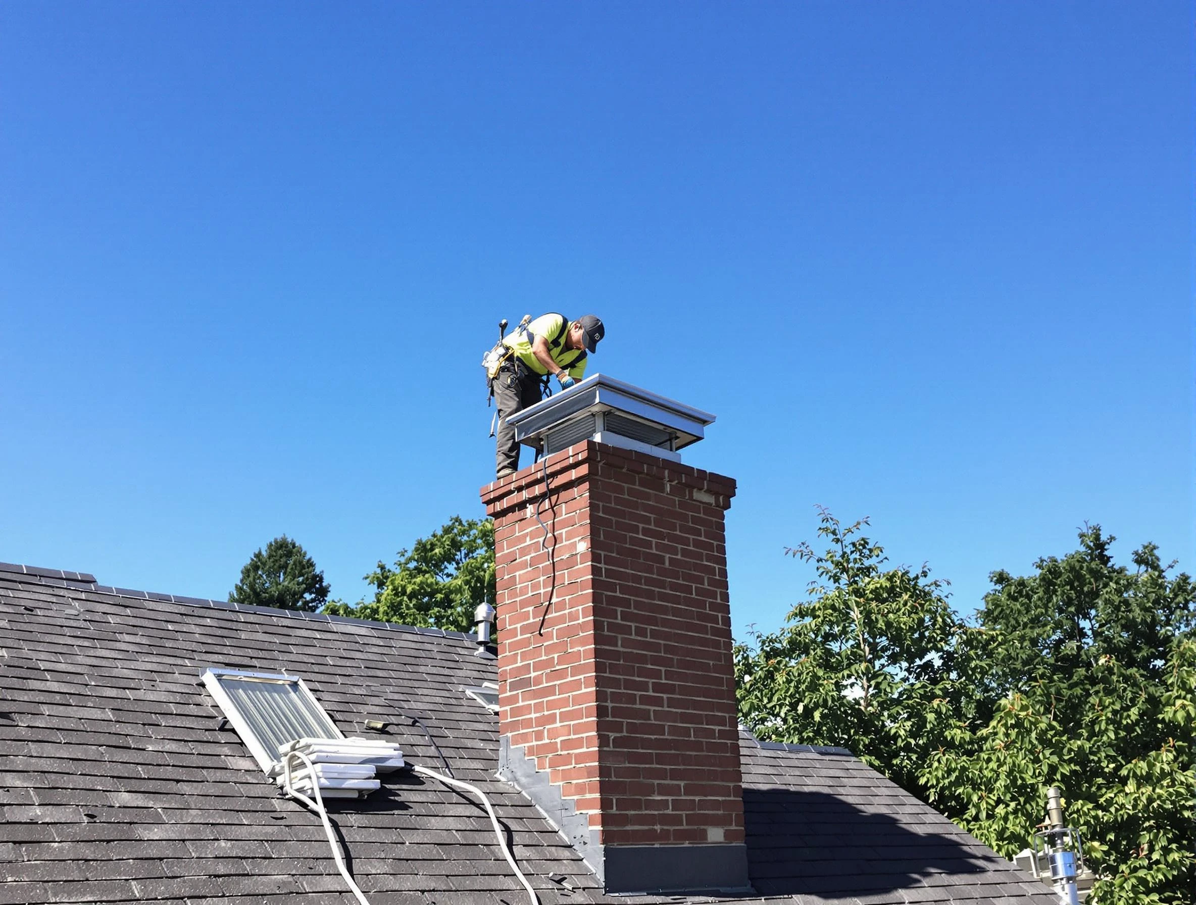 Woburn Chimney Sweep technician measuring a chimney cap in Woburn, MA