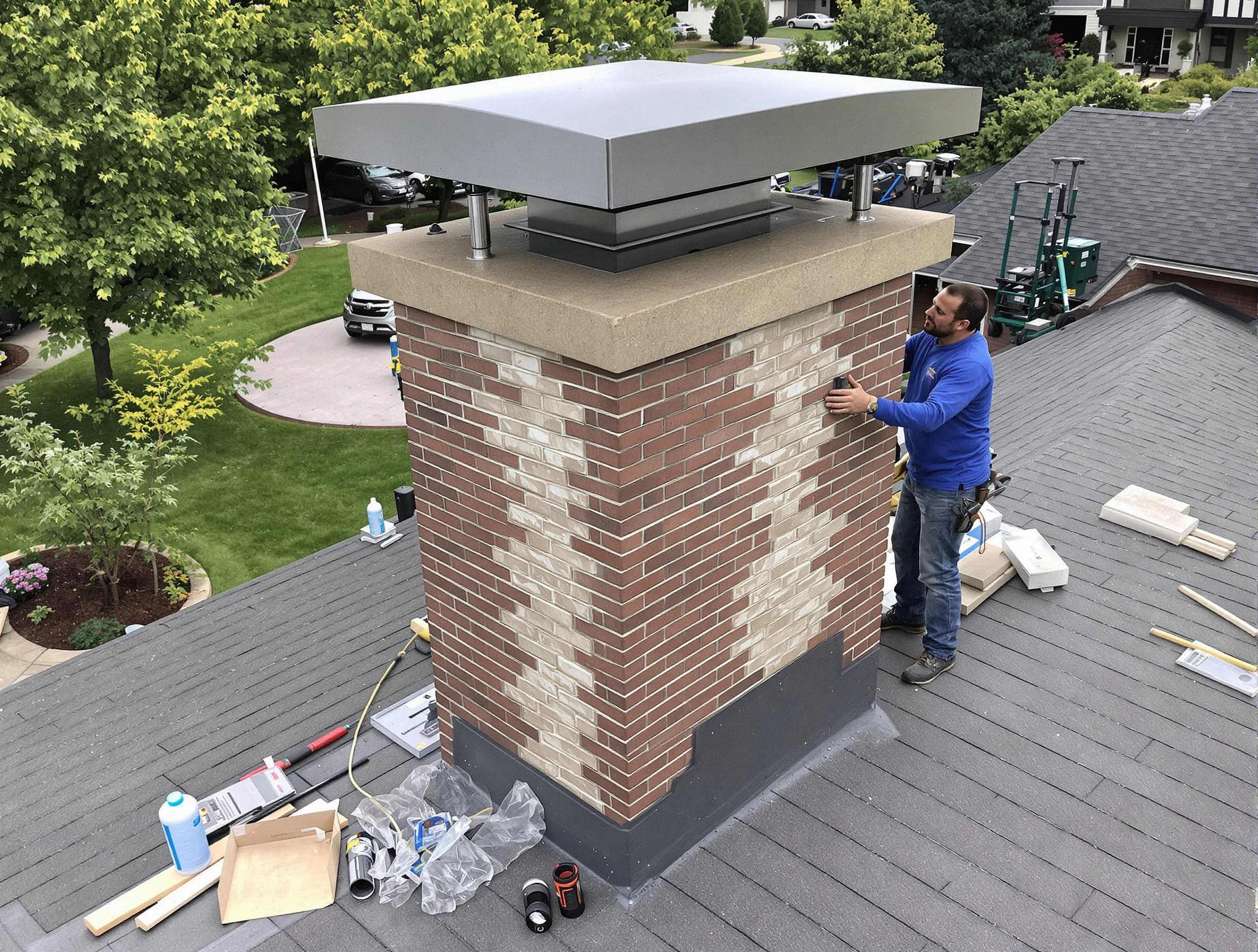 Woburn Chimney Sweep team working on a custom chimney remodel in Woburn, MA